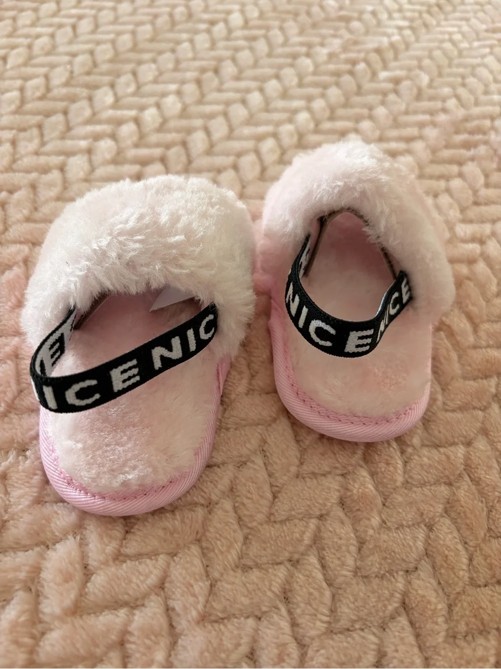 Newborn Baby Pink Fuzzy Slide Slippers with Elastic Back